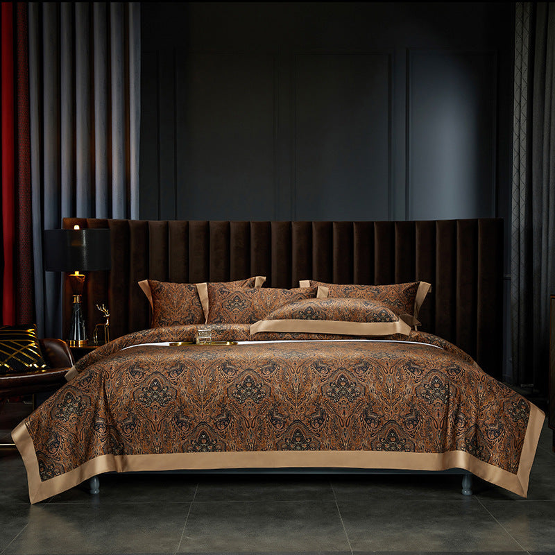 HKM-605587 Cotton Satin Digital Printed Four-Piece Bedding Set in Nordic Style, Includes Bed Sheet, Duvet Cover, and Pillowcases