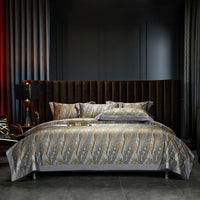 HKM-605587 Cotton Satin Digital Printed Four-Piece Bedding Set in Nordic Style, Includes Bed Sheet, Duvet Cover, and Pillowcases