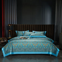 HKM-605587 Cotton Satin Digital Printed Four-Piece Bedding Set in Nordic Style, Includes Bed Sheet, Duvet Cover, and Pillowcases
