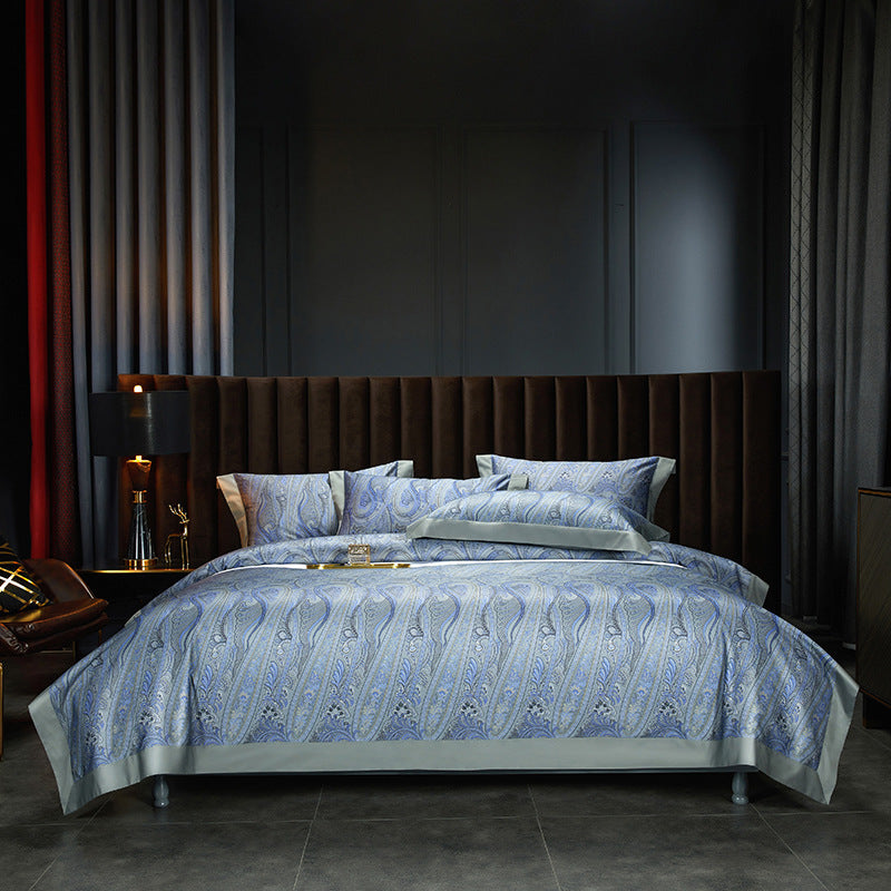 HKM-605587 Cotton Satin Digital Printed Four-Piece Bedding Set in Nordic Style, Includes Bed Sheet, Duvet Cover, and Pillowcases