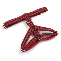 HKM-605779 Red and Black Plaid Dog Harness with Gold Buckle for Secure Comfort