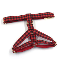 HKM-605779 Red and Black Plaid Dog Harness with Gold Buckle for Secure Comfort