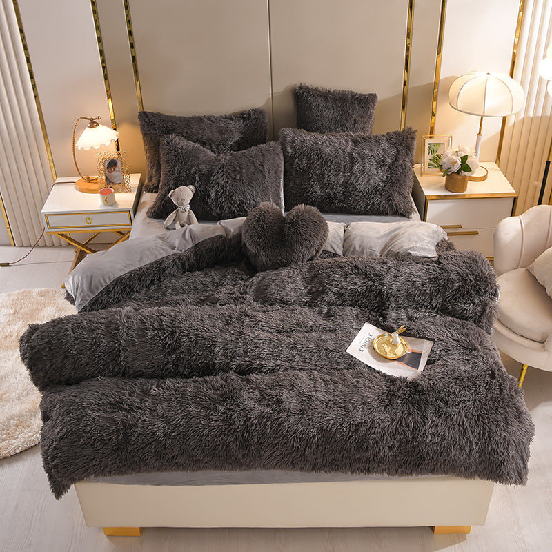 HKM-605907 Mink Fur Plush Thickened Four-Piece Bedding Set with Duvet Cover and Pillowcases, Various Sizes Available