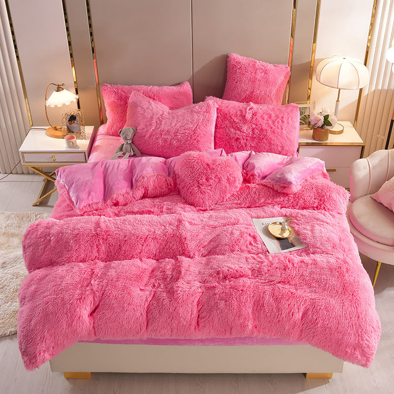 HKM-605907 Mink Fur Plush Thickened Four-Piece Bedding Set with Duvet Cover and Pillowcases, Various Sizes Available