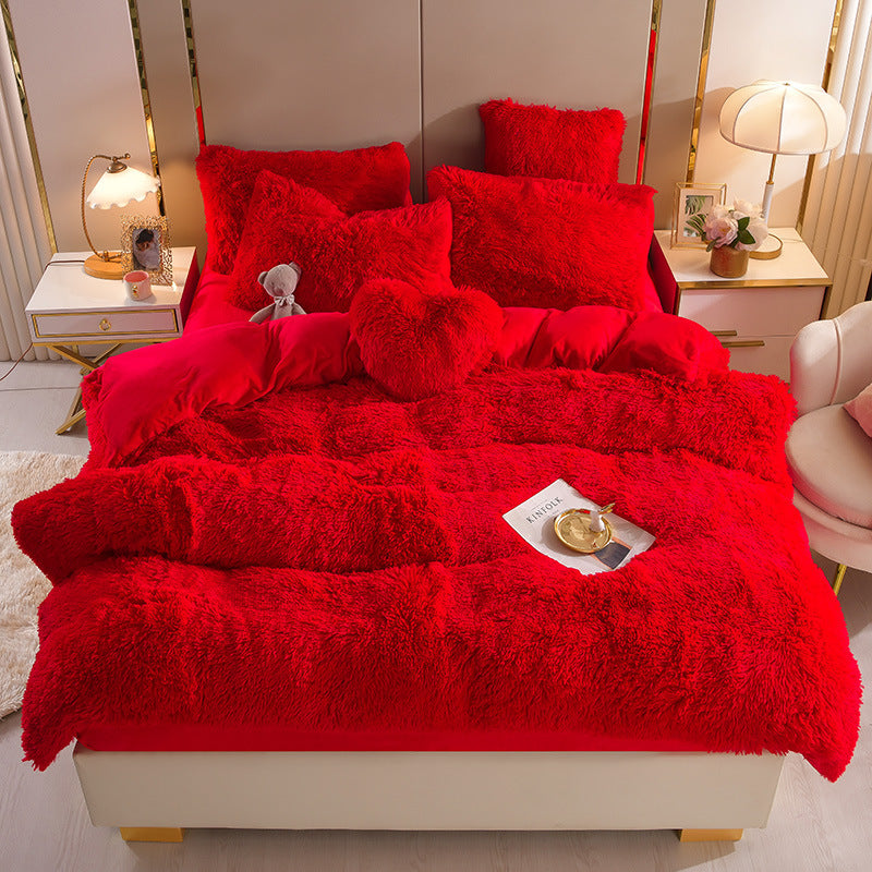 HKM-605907 Mink Fur Plush Thickened Four-Piece Bedding Set with Duvet Cover and Pillowcases, Various Sizes Available