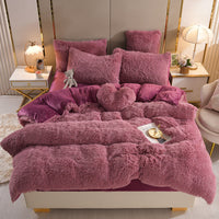 HKM-605907 Mink Fur Plush Thickened Four-Piece Bedding Set with Duvet Cover and Pillowcases, Various Sizes Available