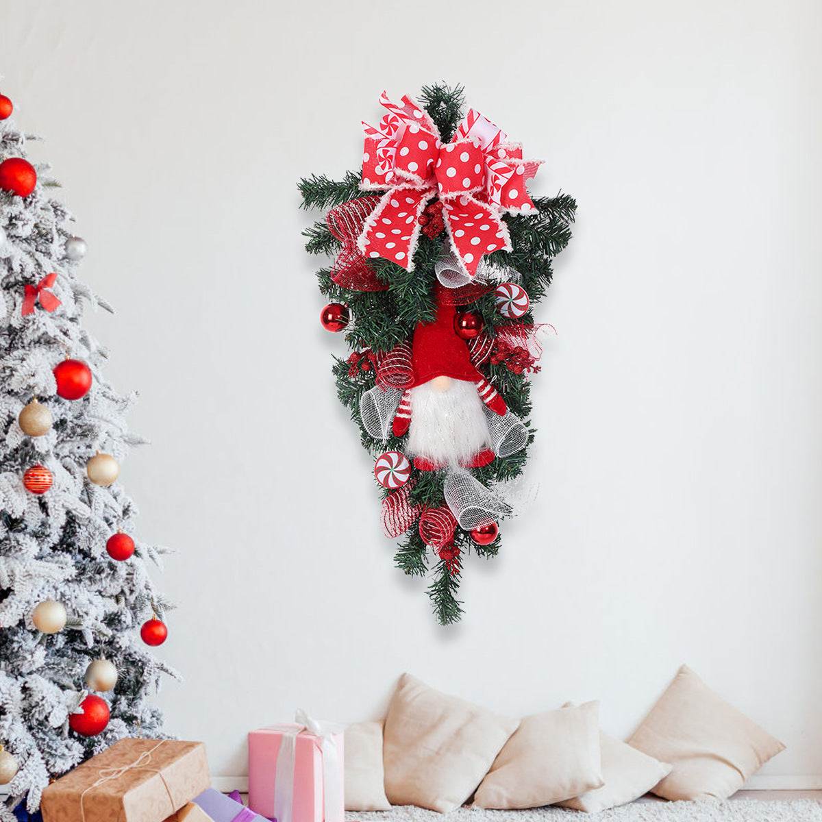 HKM-606867 Christmas Door Hanging Bow Tree Wall Decoration Garland in Two Styles