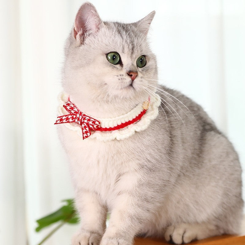 HKM-608595 Hand-Woven Cat Collar Bib with Cartoon Pattern in Red, Blue, and Pink