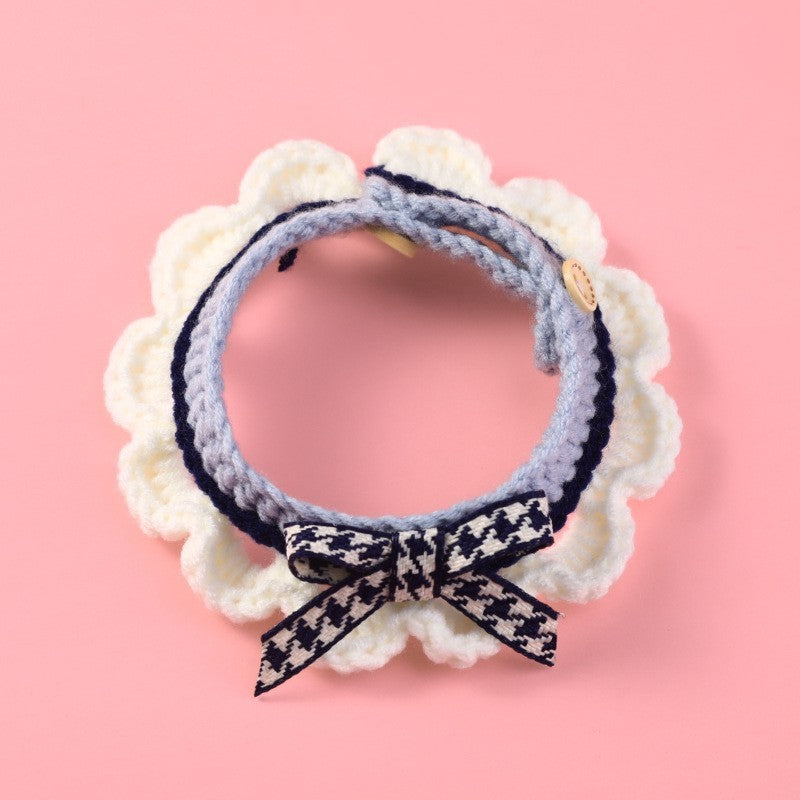 HKM-608595 Hand-Woven Cat Collar Bib with Cartoon Pattern in Red, Blue, and Pink