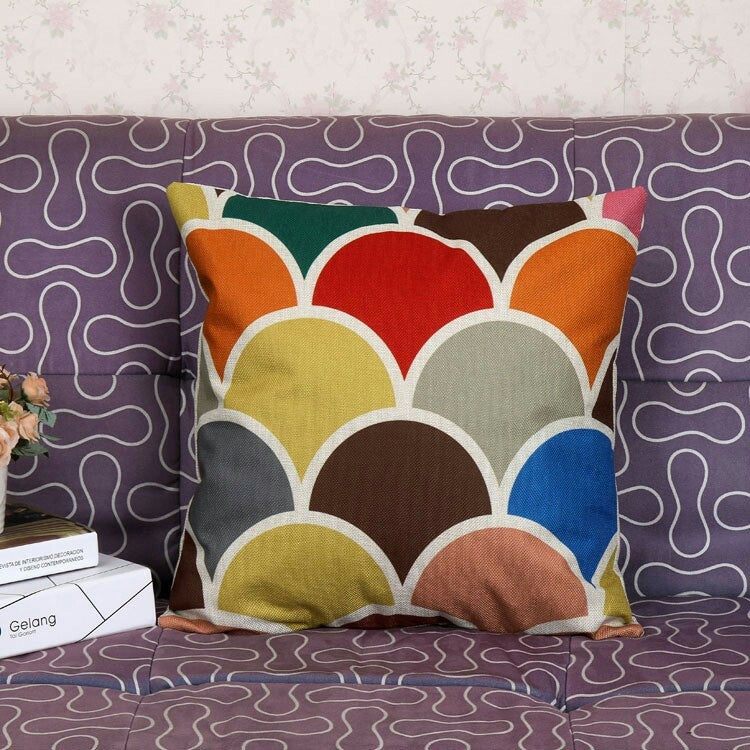 HKM-609427 Colorful Geometric Pattern Cushion Cover - Indoor/Outdoor Use, Weather & Fade Resistant, Zipper Closure, Cotton Linen Fabric