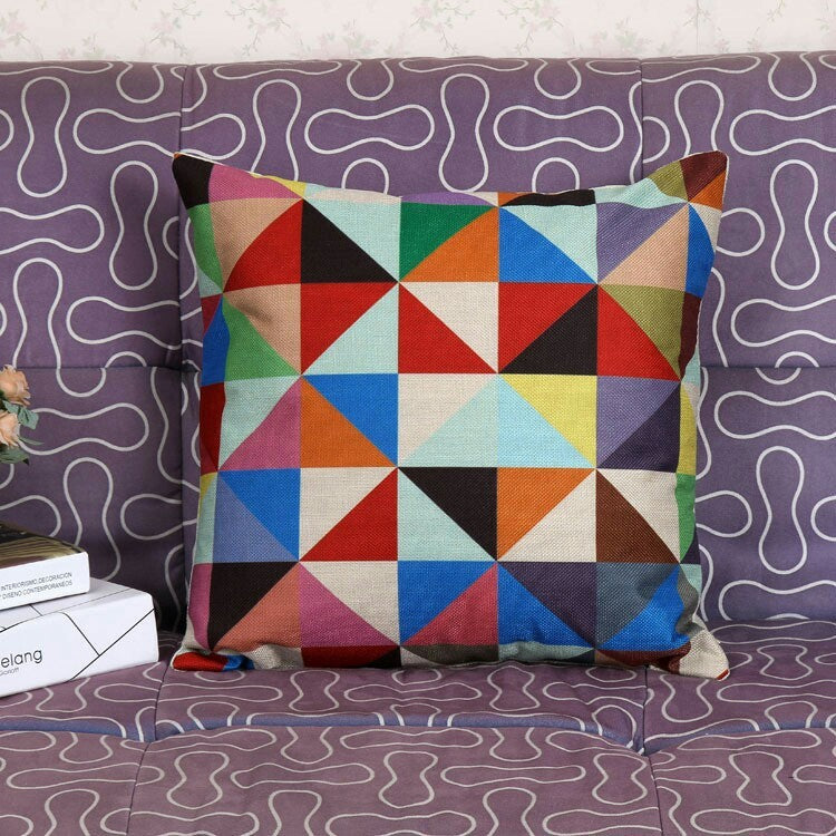 HKM-609427 Colorful Geometric Pattern Cushion Cover - Indoor/Outdoor Use, Weather & Fade Resistant, Zipper Closure, Cotton Linen Fabric