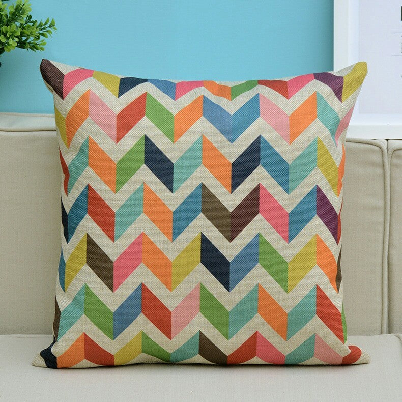 HKM-609427 Colorful Geometric Pattern Cushion Cover - Indoor/Outdoor Use, Weather & Fade Resistant, Zipper Closure, Cotton Linen Fabric