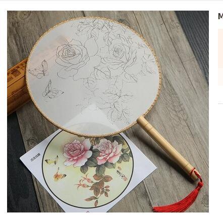 HKM-609811 DIY Round Silk Fan with Wooden Handle - Blank for Hand Painting, 21cm Diameter