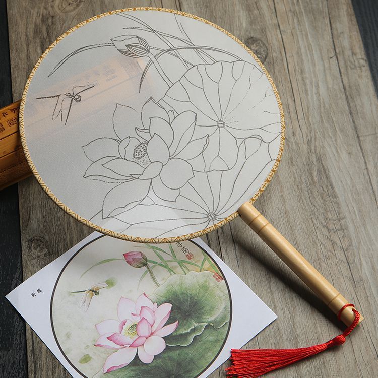 HKM-609811 DIY Round Silk Fan with Wooden Handle - Blank for Hand Painting, 21cm Diameter