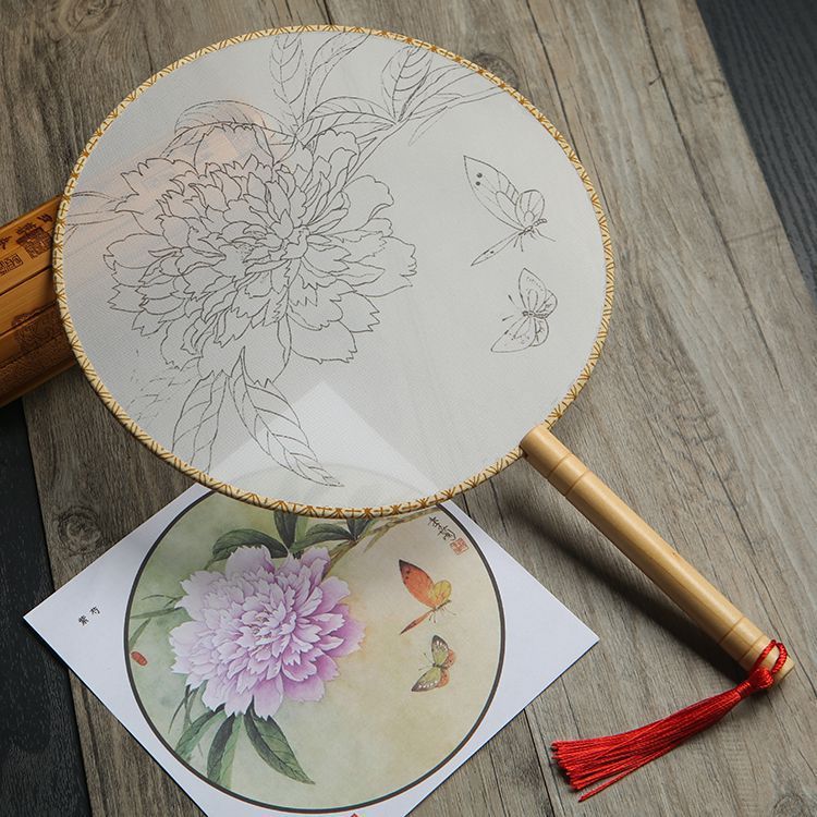 HKM-609811 DIY Round Silk Fan with Wooden Handle - Blank for Hand Painting, 21cm Diameter