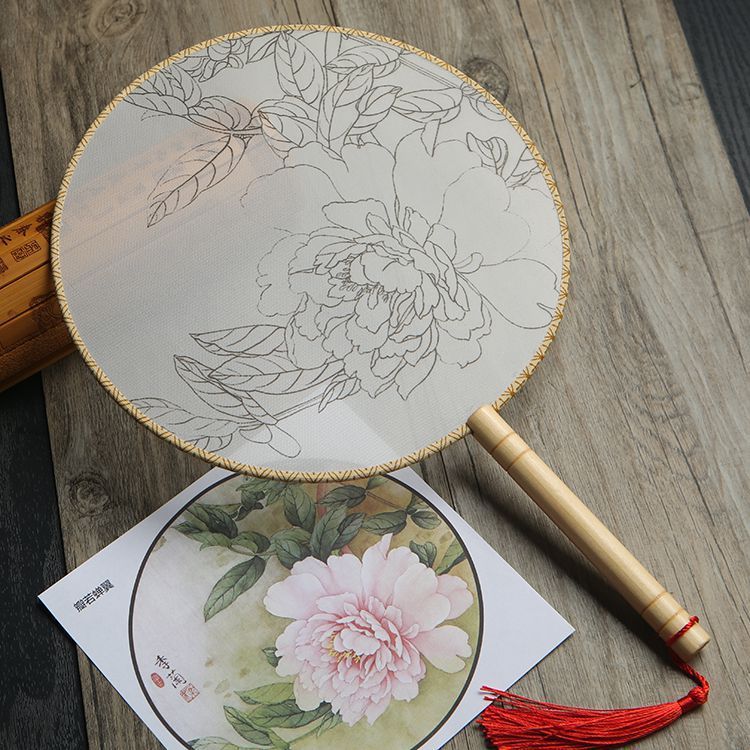 HKM-609811 DIY Round Silk Fan with Wooden Handle - Blank for Hand Painting, 21cm Diameter