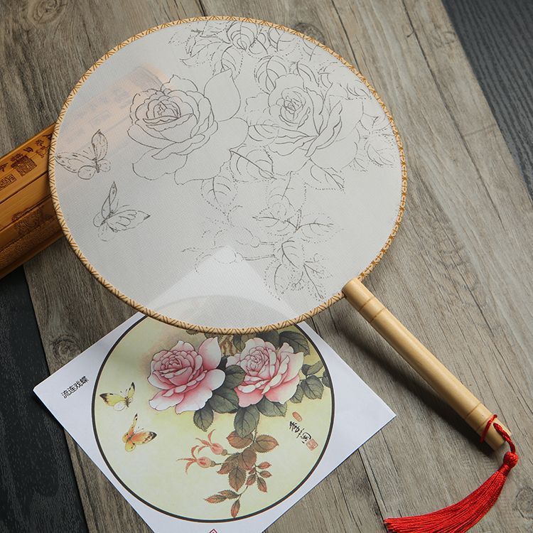 HKM-609811 DIY Round Silk Fan with Wooden Handle - Blank for Hand Painting, 21cm Diameter