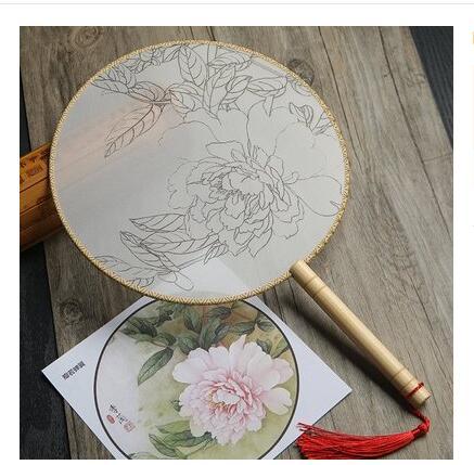 HKM-609811 DIY Round Silk Fan with Wooden Handle - Blank for Hand Painting, 21cm Diameter