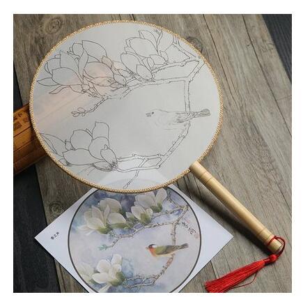 HKM-609811 DIY Round Silk Fan with Wooden Handle - Blank for Hand Painting, 21cm Diameter