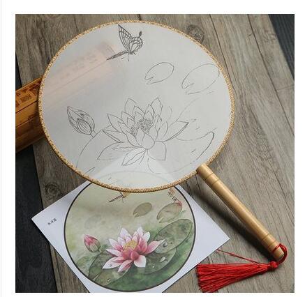 HKM-609811 DIY Round Silk Fan with Wooden Handle - Blank for Hand Painting, 21cm Diameter