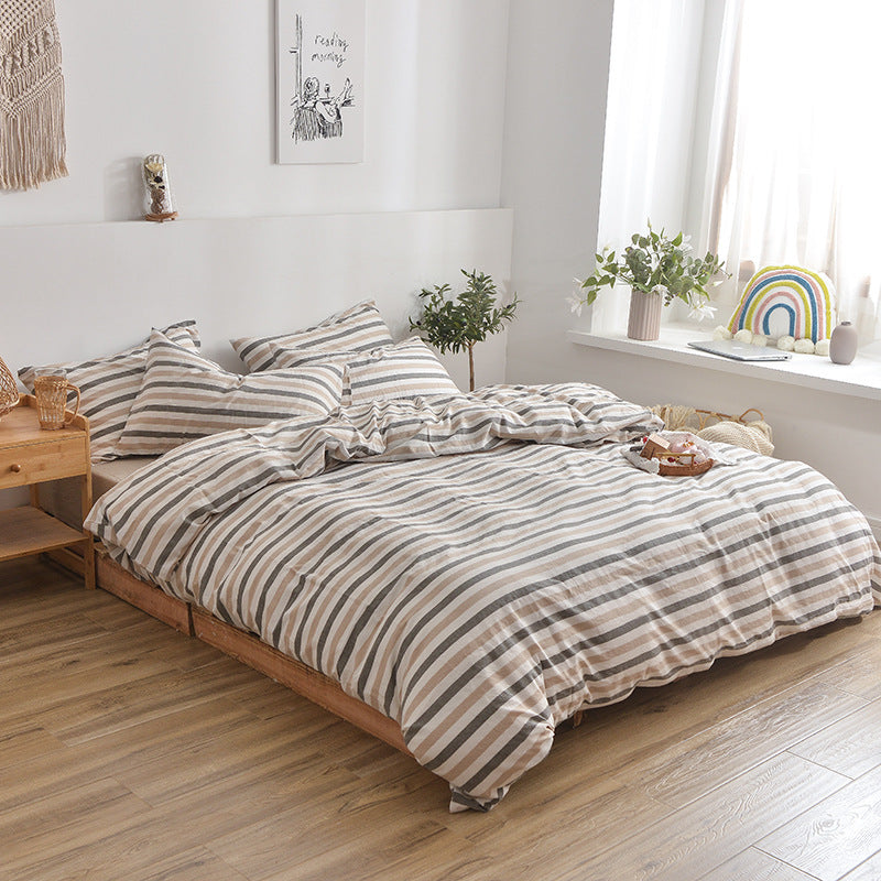 HKM-609875 Cotton Washed Four Piece Bedding Set with Striped Patterns in Multiple Colors