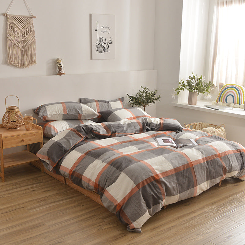 HKM-609875 Cotton Washed Four Piece Bedding Set with Striped Patterns in Multiple Colors