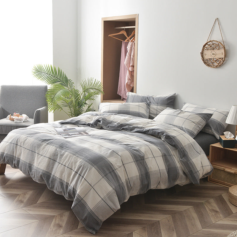 HKM-609875 Cotton Washed Four Piece Bedding Set with Striped Patterns in Multiple Colors