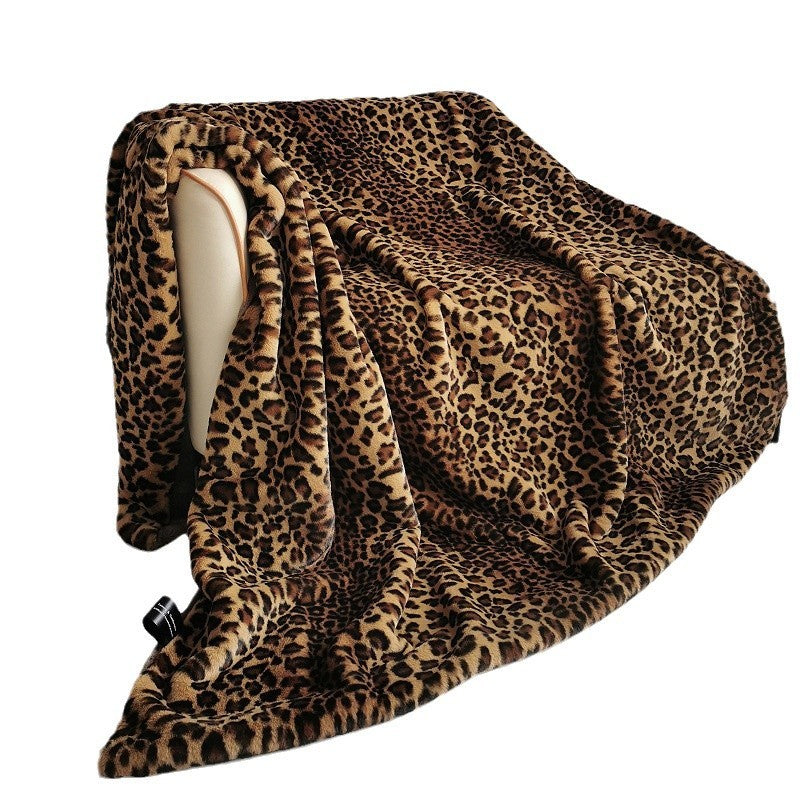 HKM-609875 Leopard Print Soft Polyester Faux Fur Blanket for All Seasons
