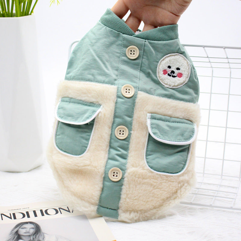 HKM-610707 Warm Double Pocket Dog Jacket - British Style, Two-Legged Clothing in Green and Orange