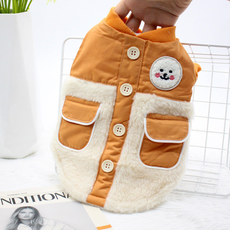 HKM-610707 Warm Double Pocket Dog Jacket - British Style, Two-Legged Clothing in Green and Orange