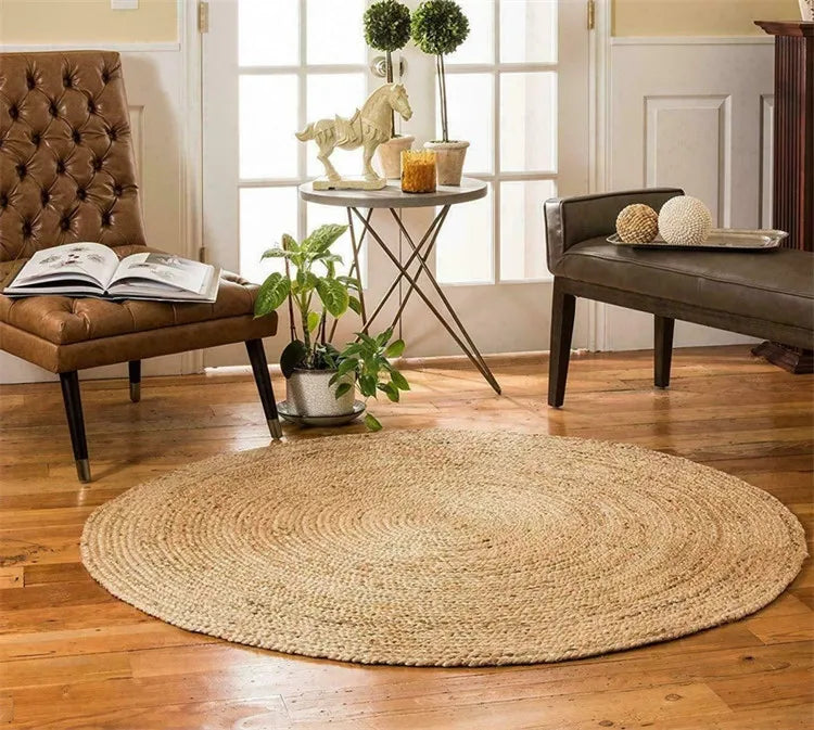 KTX-611539 Boho Tan Brown Woven Jute Rug for Living Room and Bedroom, Washable Outdoor Decor