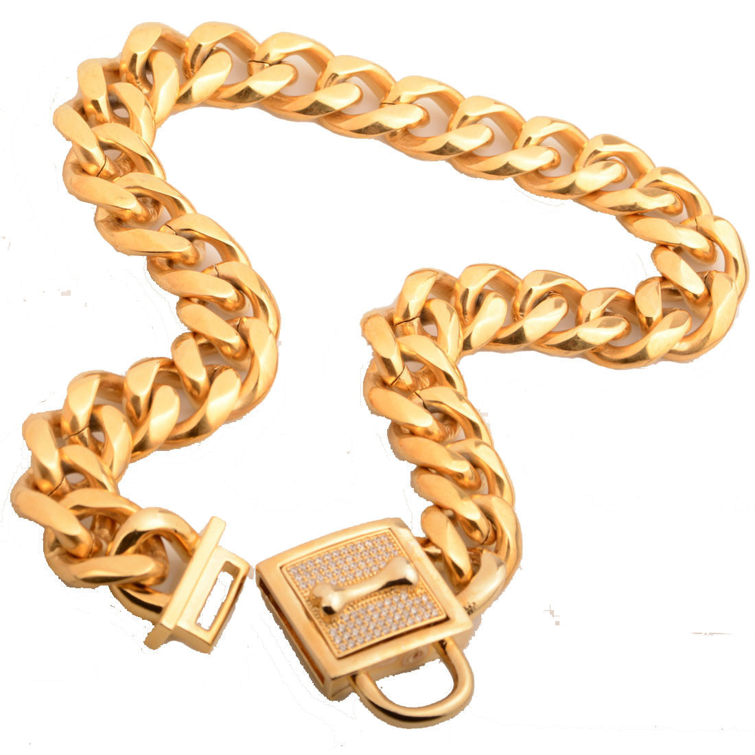 HKM-612051 Gold and Silver Titanium Steel Dog Chain with White Diamond Inlays - 19mm Width, Adjustable Length from 12 to 32 Inches