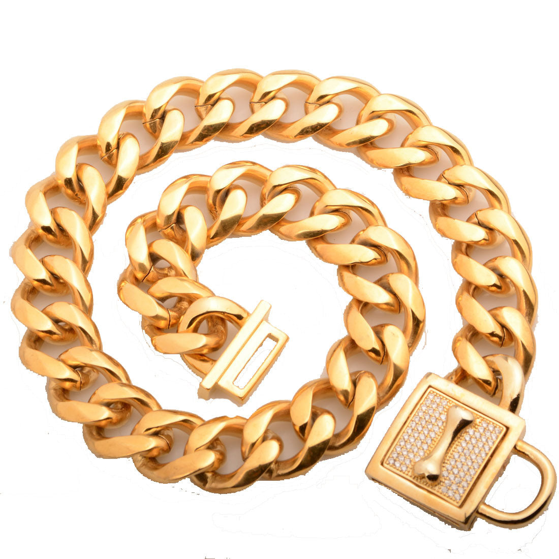 HKM-612051 Gold and Silver Titanium Steel Dog Chain with White Diamond Inlays - 19mm Width, Adjustable Length from 12 to 32 Inches