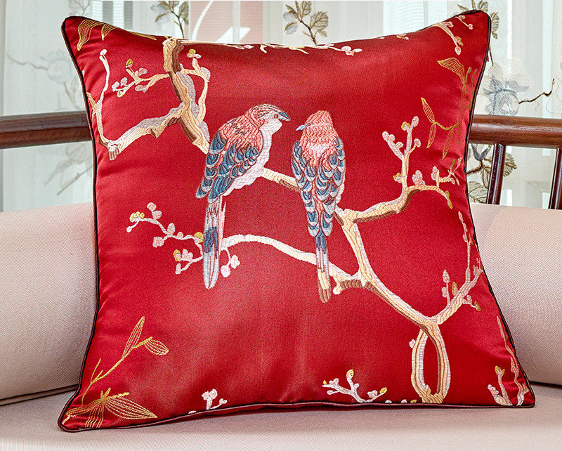 HKM-612179 Flower and Bird Jacquard Throw Pillow for Chair - Red, Beige, Lake Blue, Gold, 30x45cm, 45x45cm