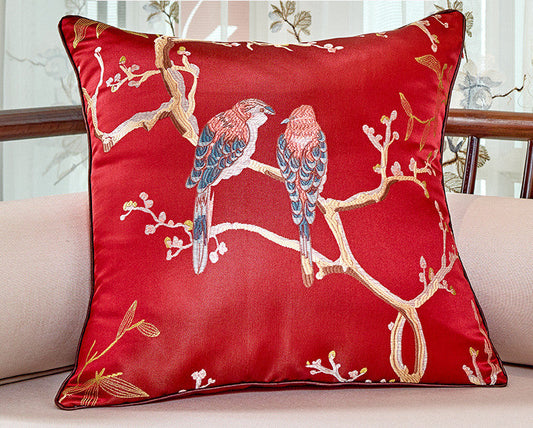 HKM-612179 Flower and Bird Jacquard Throw Pillow for Chair - Red, Beige, Lake Blue, Gold, 30x45cm, 45x45cm