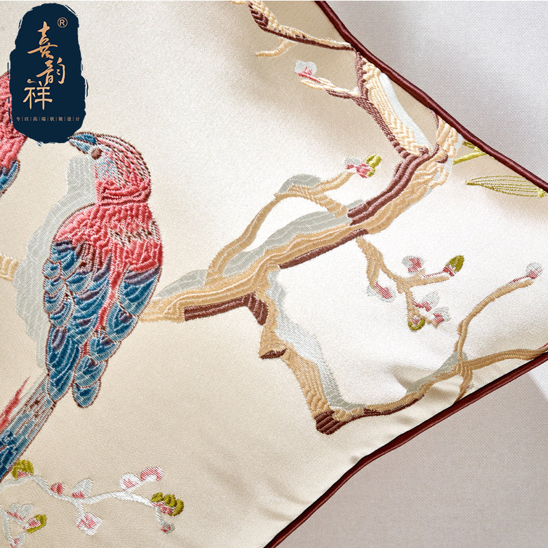 HKM-612179 Flower and Bird Jacquard Throw Pillow for Chair - Red, Beige, Lake Blue, Gold, 30x45cm, 45x45cm
