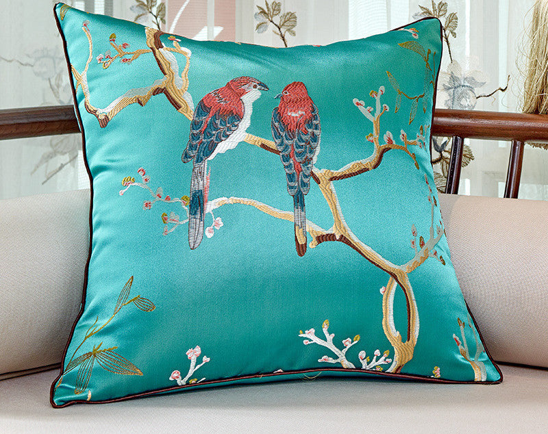 HKM-612179 Flower and Bird Jacquard Throw Pillow for Chair - Red, Beige, Lake Blue, Gold, 30x45cm, 45x45cm