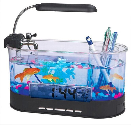 HKM-613011 Mini USB Desktop Aquarium with Time, Date, Week, Temperature & Alarm – Transparent Pen Holder