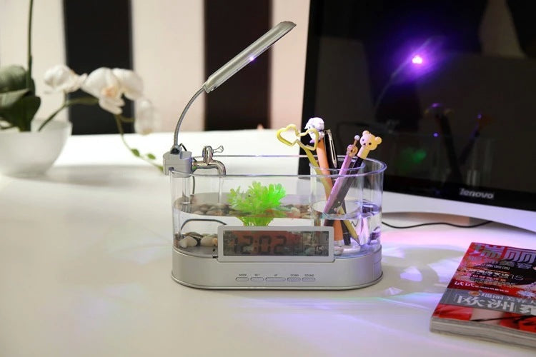 HKM-613011 Mini USB Desktop Aquarium with Time, Date, Week, Temperature & Alarm – Transparent Pen Holder