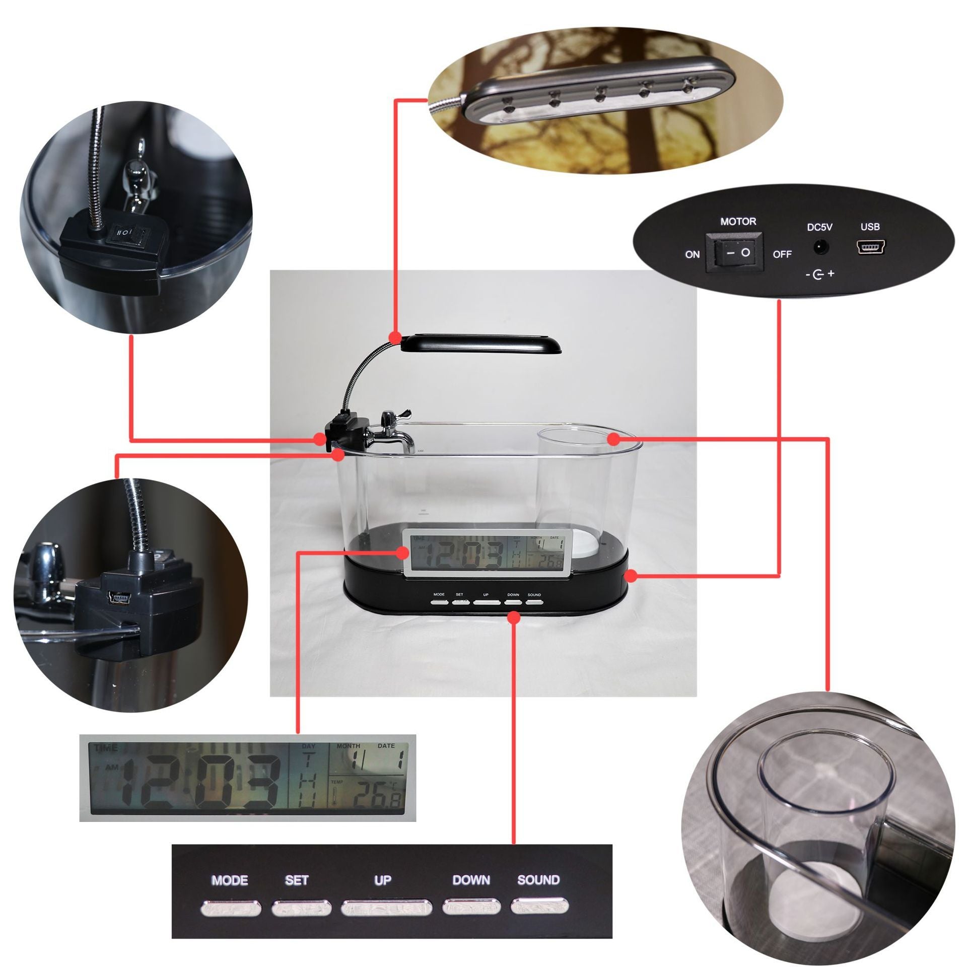 HKM-613011 Mini USB Desktop Aquarium with Time, Date, Week, Temperature & Alarm – Transparent Pen Holder