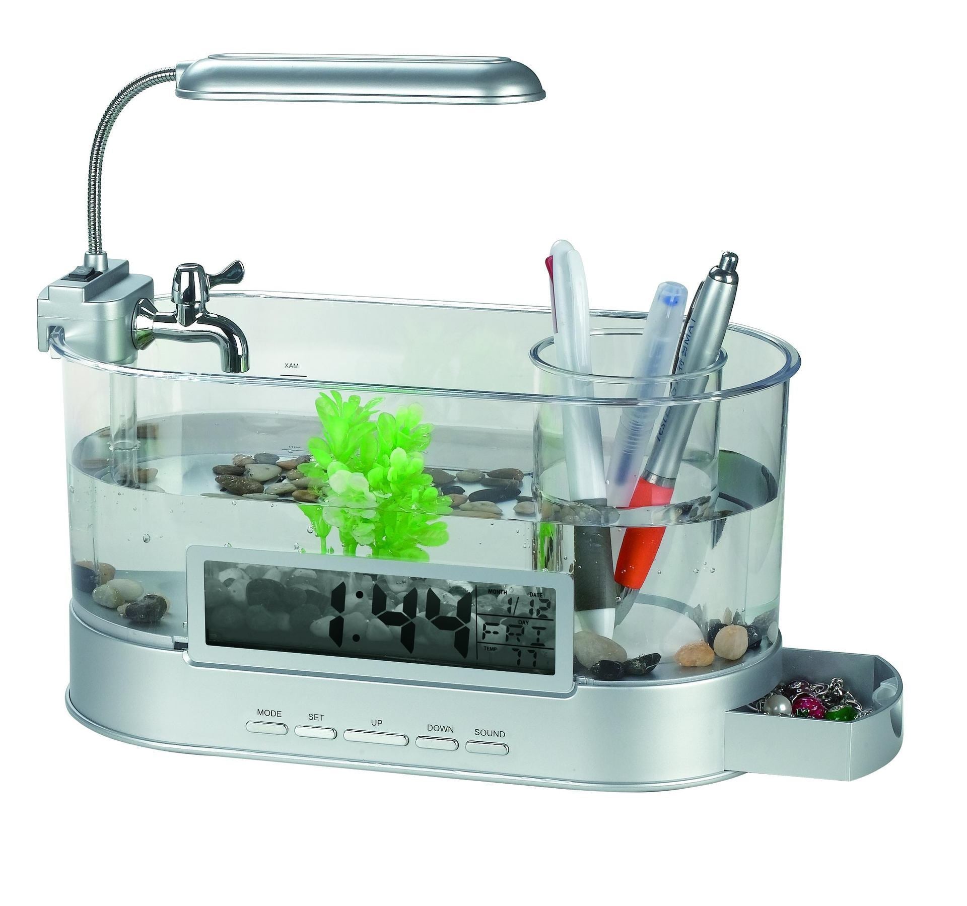 HKM-613011 Mini USB Desktop Aquarium with Time, Date, Week, Temperature & Alarm – Transparent Pen Holder