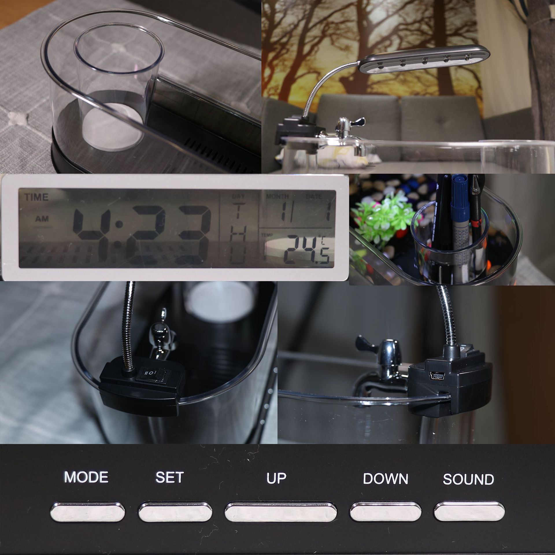 HKM-613011 Mini USB Desktop Aquarium with Time, Date, Week, Temperature & Alarm – Transparent Pen Holder