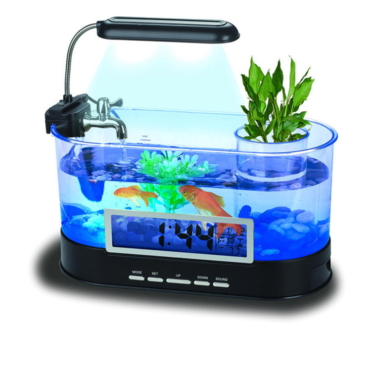 HKM-613011 Mini USB Desktop Aquarium with Time, Date, Week, Temperature & Alarm – Transparent Pen Holder