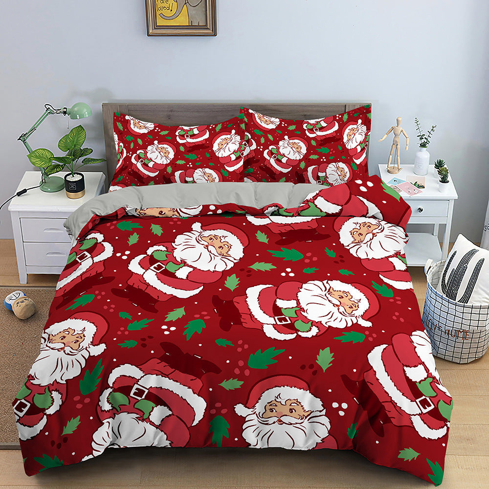 HKM-613139 Red Cartoon Santa Claus Three-Piece Digital Printed Bedspread Set for Cozy Seasonal Decor