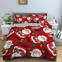 HKM-613139 Red Cartoon Santa Claus Three-Piece Digital Printed Bedspread Set for Cozy Seasonal Decor