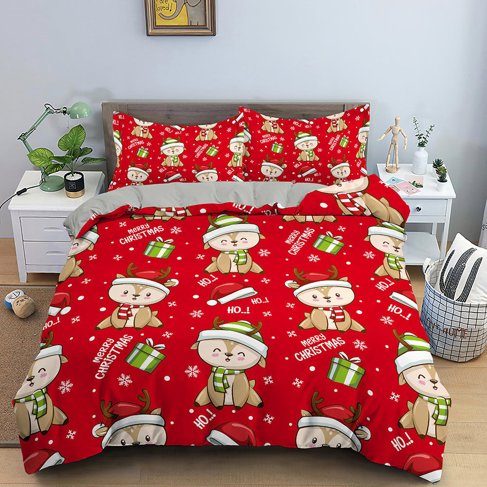 HKM-613139 Red Cartoon Santa Claus Three-Piece Digital Printed Bedspread Set for Cozy Seasonal Decor