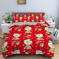 HKM-613139 Red Cartoon Santa Claus Three-Piece Digital Printed Bedspread Set for Cozy Seasonal Decor