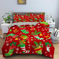 HKM-613139 Red Cartoon Santa Claus Three-Piece Digital Printed Bedspread Set for Cozy Seasonal Decor