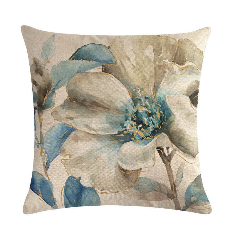 HKM-613459 Blue Oil Painting Bird and Flower Linen Pillow Cover