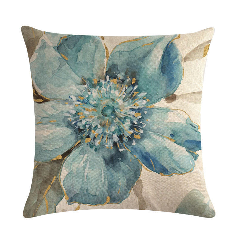 HKM-613459 Blue Oil Painting Bird and Flower Linen Pillow Cover